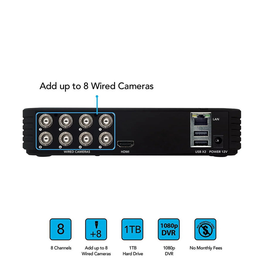 Night Owl Security Camera System CCTV, 8 Channel DVR with 1TB Hard Drive, 4 Wired 1080p HD Surveillance Bullet Cameras, Indoor Outdoor Cameras with Night Vision