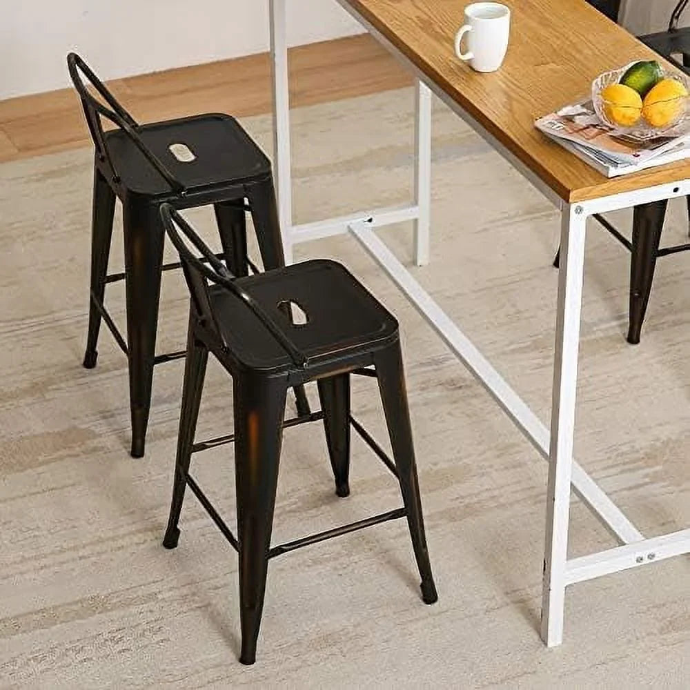 SPBOOMlife Metal Stools Set of 4 Barstools Counter Height Stools with Back Industrial Stools Indoor Outdoor Kitchen Dining Chairs Modern Chairs Distressed Navy Blue 24inch Stools