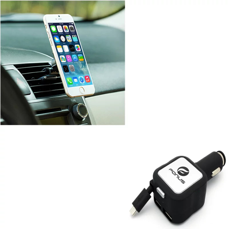Air Vent Magnetic Car Mount w 4.8Amp Retractable Charger for K8+ (2018) - Motorola Moto G5 PLUS (XT1687) E5 Plus E4 PLUS G6 Play, Droid Turbo 2 - Galaxy Sky, S7 S6 S5, On5