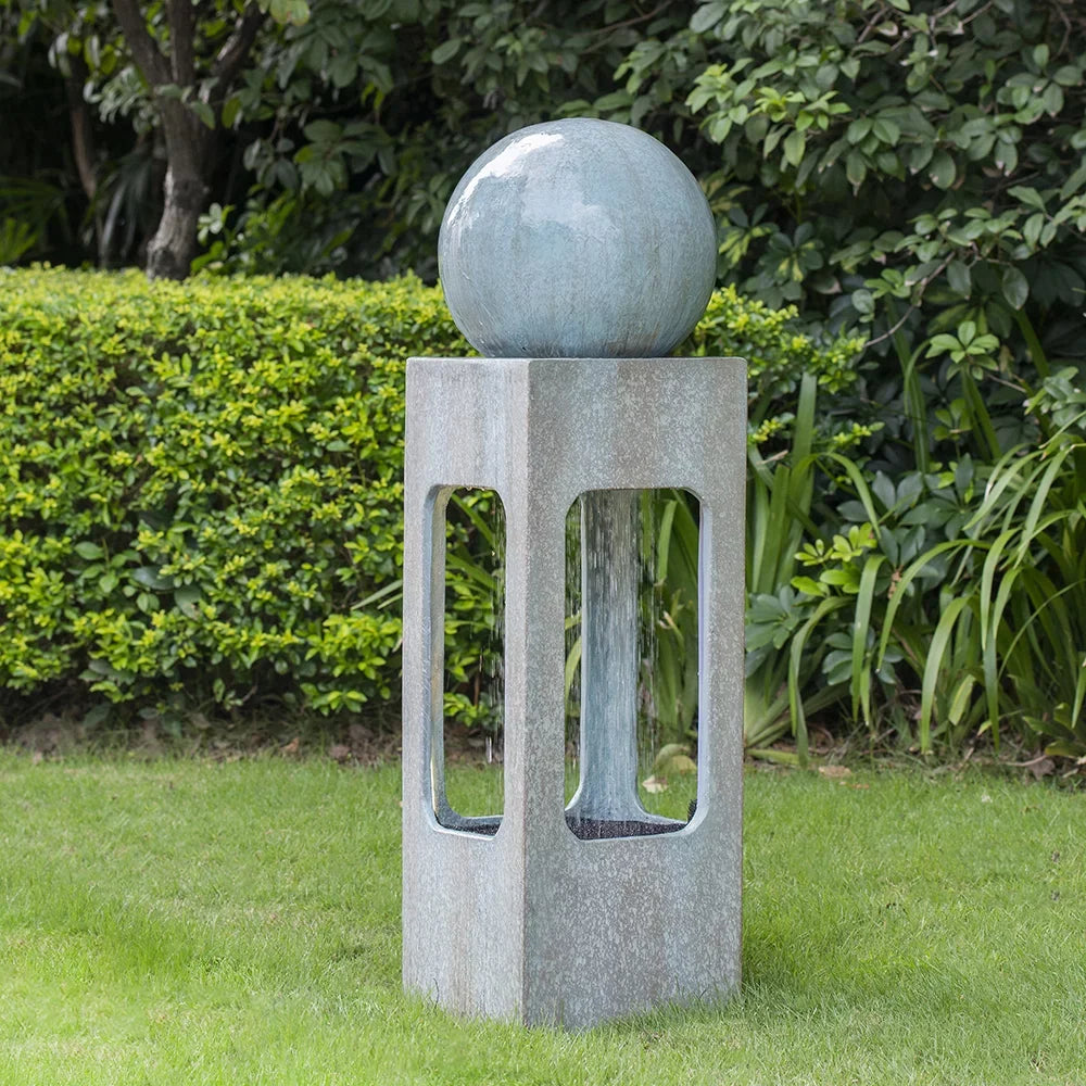 Homiyad 13X13X44" Tall Contemporary Sphere Outdoor Liquid Fountain, Cement/Concrete Outdoor Fountain, Antique Blue Raindrop Fluid Feature with Light for Garden, Lawn, Deck & Patio