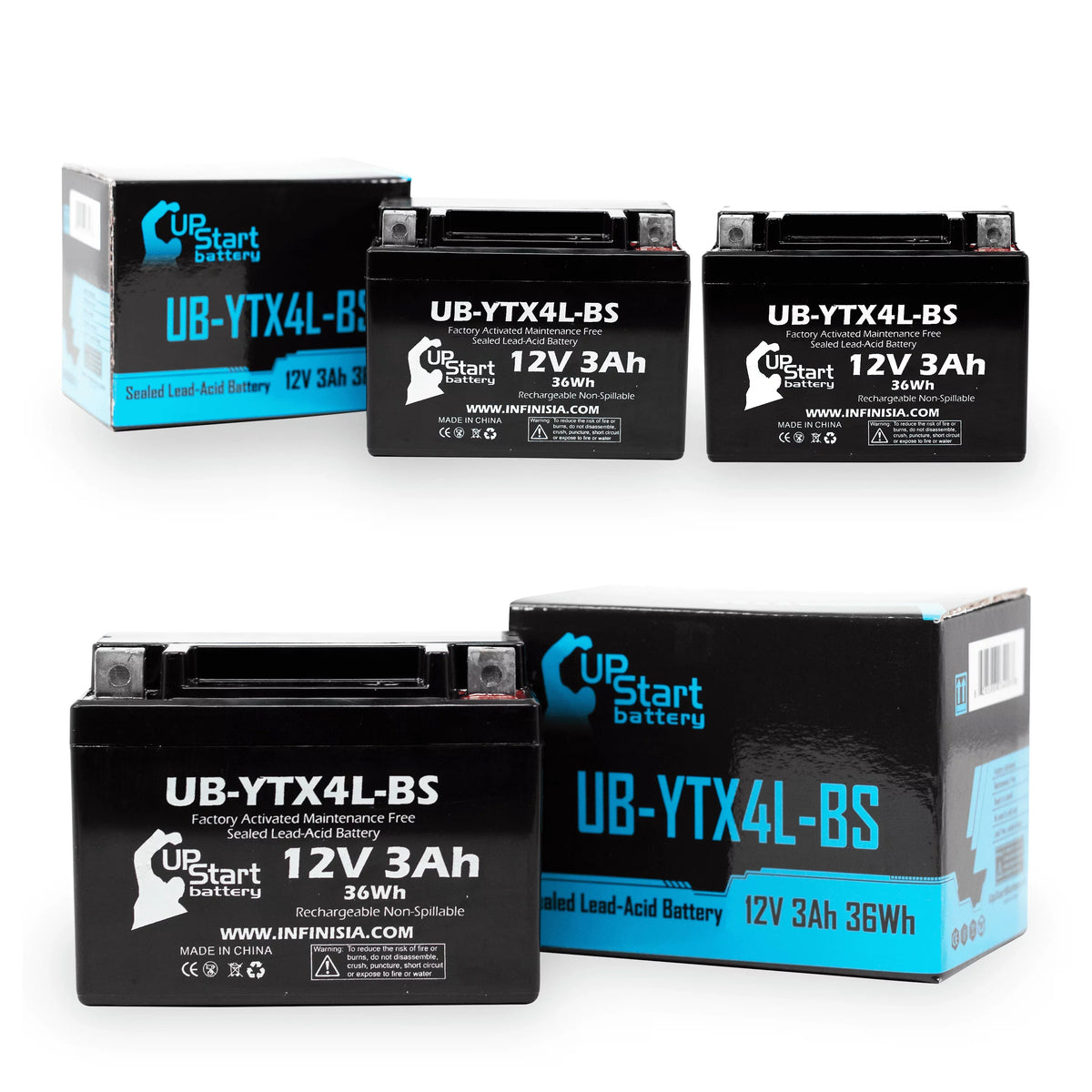 3-Pack UpStart Battery Replacement for 2002 Bombardier (Can-Am) DS90, DS90F, Quest 90CC Factory Activated, Maintenance Free, ATV Battery - 12V, 3Ah, UB-YTX4L-BS
