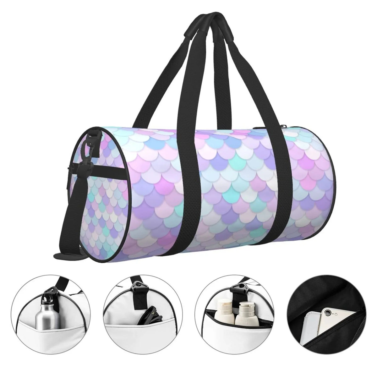 Coaee Rainbow Scales Large Capacity Travel Luggage Bag Cylinder Gym Bag Fluid Sports Bag with Pocket and Compartment