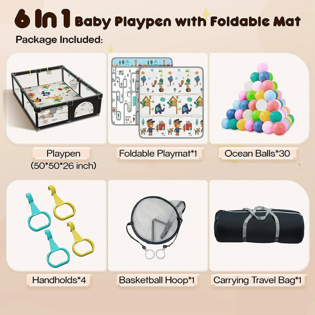 Upgraded 320D Washable Baby Playpen with Padding Mat, 6in1 Large Playpen for Toddlers, Sturdy & Safe Playpen with Padded Cotton Top Rod for Protecting Babies, Baby Play Yard with Zipper Gate