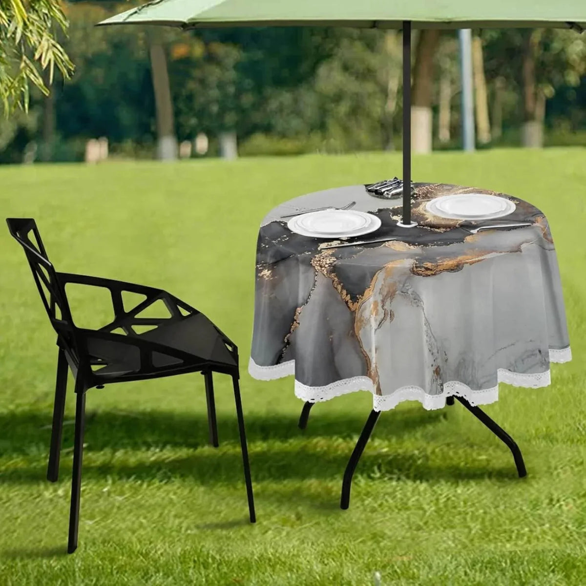 Hyjoy Natural Luxury Abstract Fluid Art Painting Round Tablecloth Liquid Round Table Cloths with Umbrella Hole and Zipper,Party Patio Table Covers for Outdoor Backyard /BBQ/Picnic