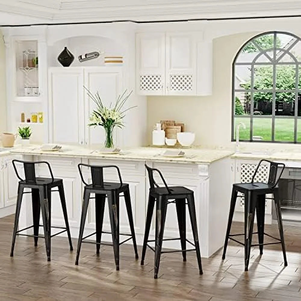 SPBOOMlife Metal Stools Set of 4 Barstools Counter Height Stools with Back Industrial Stools Indoor Outdoor Kitchen Dining Chairs Modern Chairs Distressed Navy Blue 24inch Stools