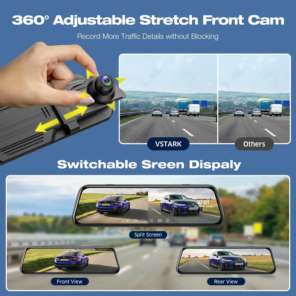 TOGUARD Backup Camera Rear View Mirror Camera, 10" Touch Monitor 4K+1080P Front and Rear Dash Cam, with 64GB Memory Card, Parking Assist, Parking Monitoring, GPS