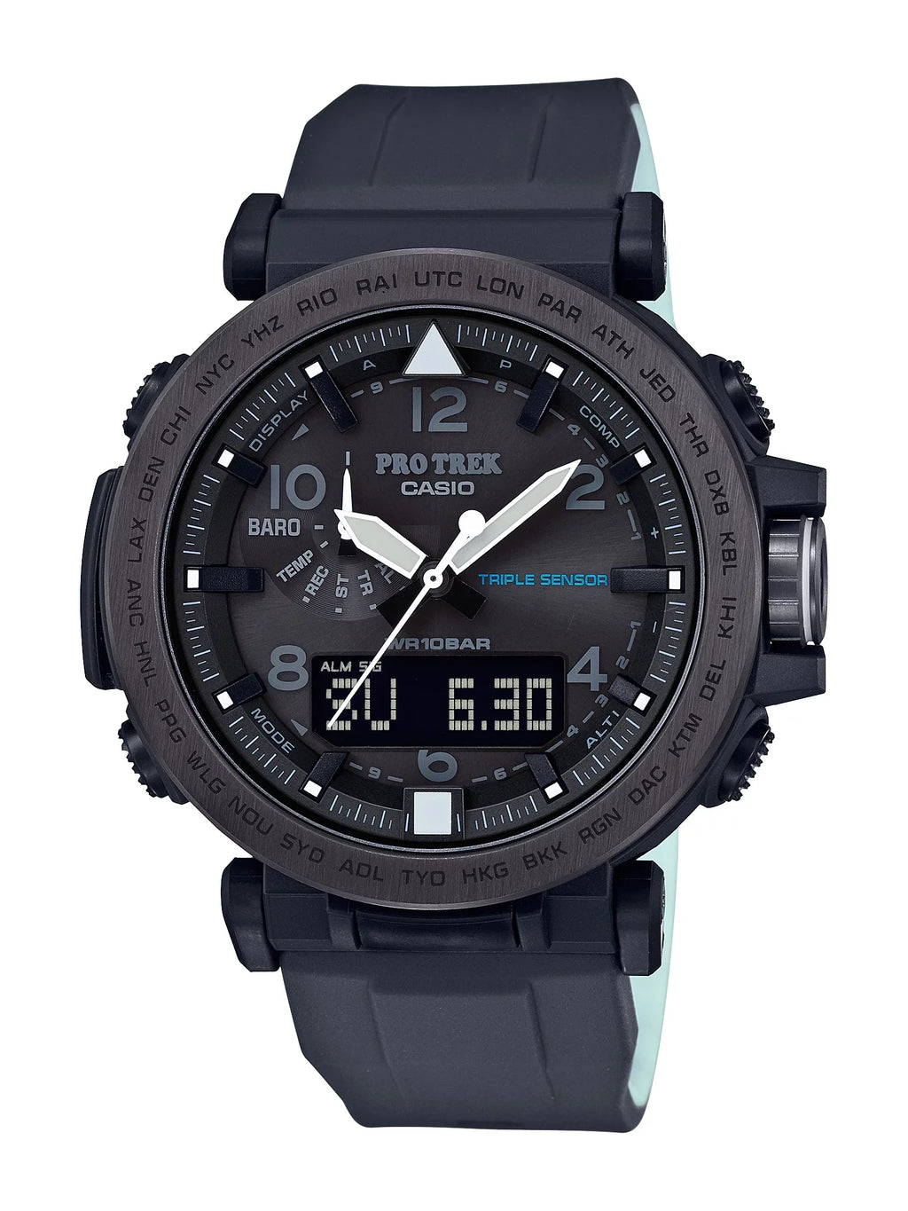 Casio Men's Pro Trek Solar Powered Triple Sensor Watch, Black Silicone Strap
