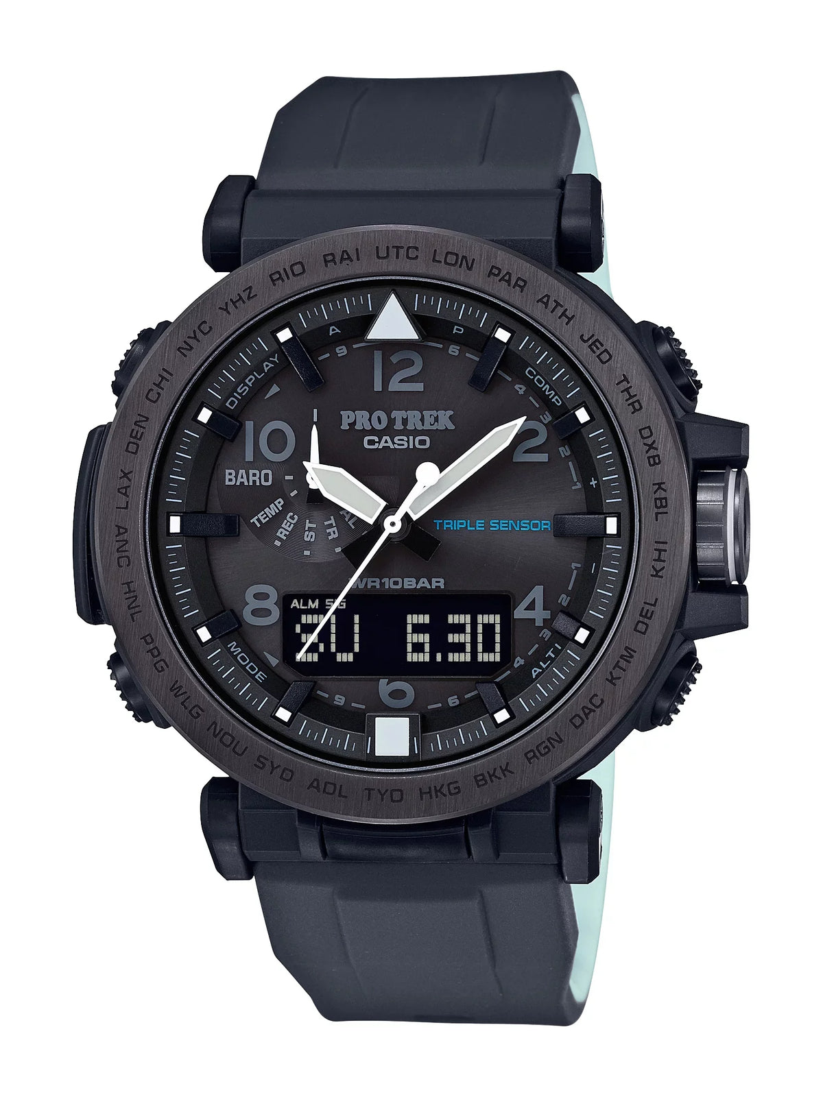 Casio Men's Pro Trek Solar Powered Triple Sensor Watch, Black Silicone Strap