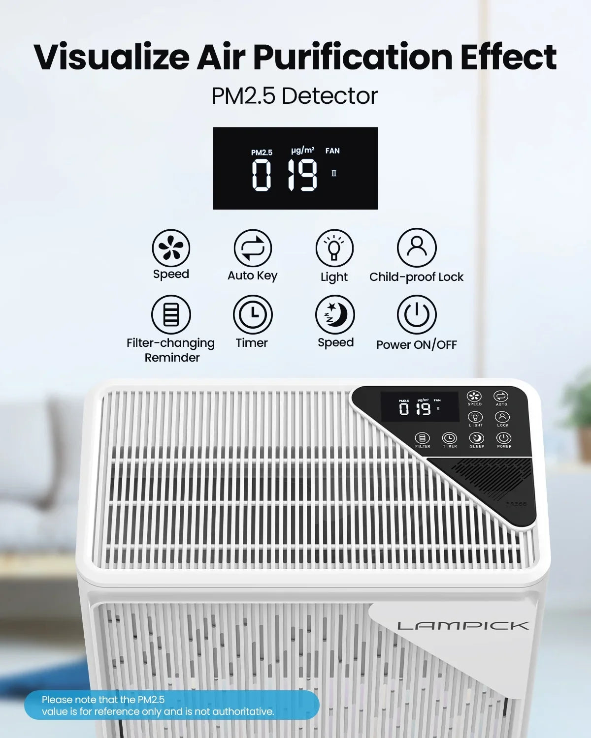 LAMPICK Air Purifier with HEPA Filter, Air Cleaner up to 1076 Sq ft, Remove 99.97% of Pet Hair Smoke