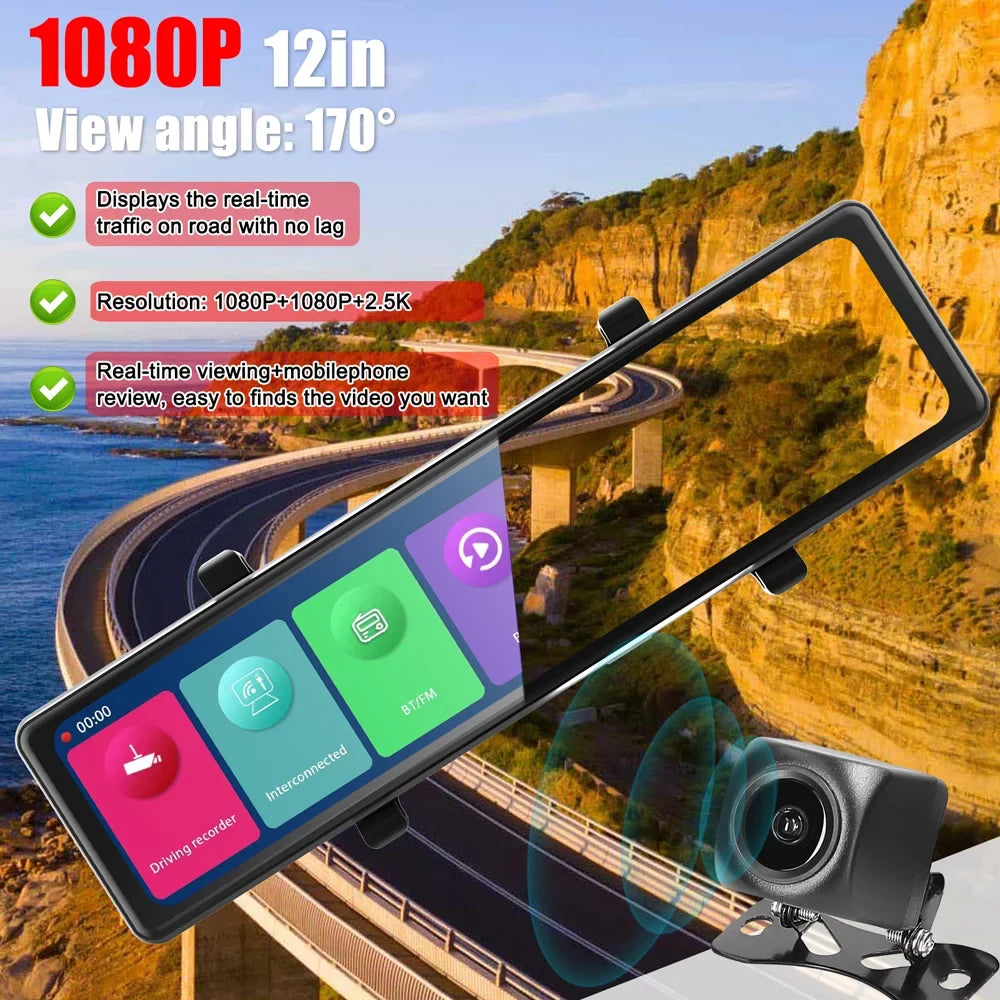 Pinnaco 3 Cameras Dash Cam 2.5K Clear Car Rearview Mirror BT Car Video Recording Camcorder Touched Monitor Car Camera Recorder Auto Driving Recorder for Enhanced Safety