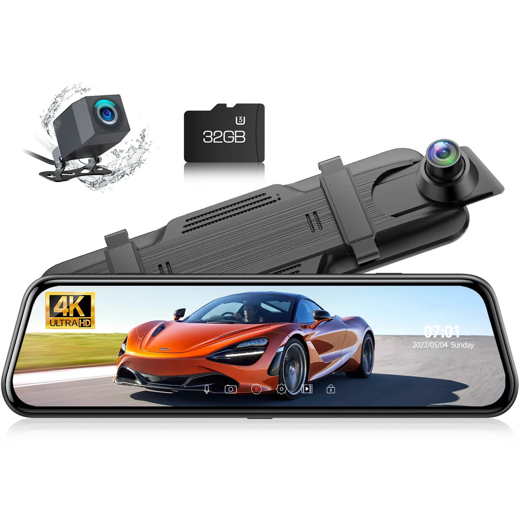 TOGUARD Backup Camera Rear View Mirror Camera, 10" Touch Monitor 4K+1080P Front and Rear Dash Cam, with 64GB Memory Card, Parking Assist, Parking Monitoring, GPS