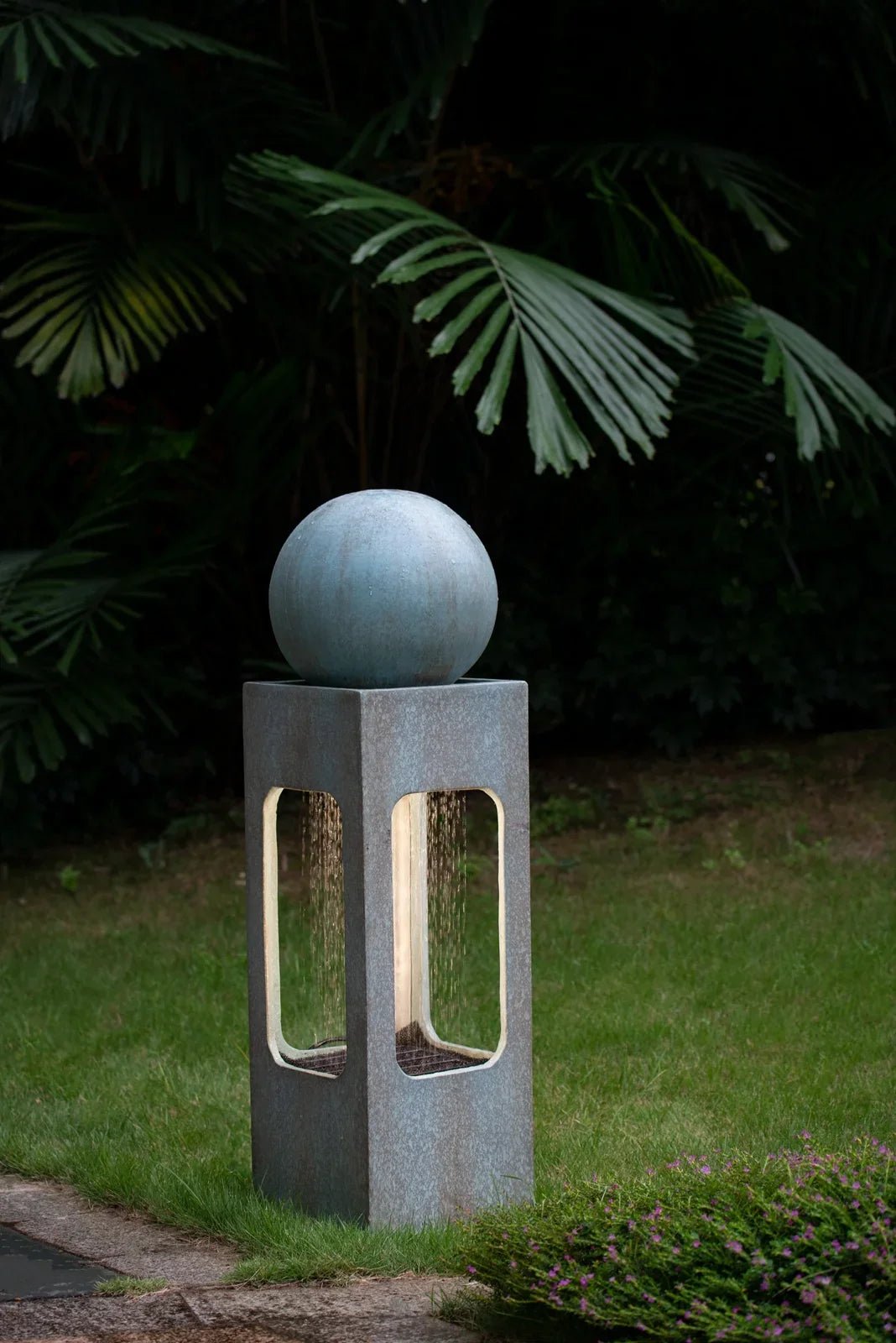 Homiyad 13X13X44" Tall Contemporary Sphere Outdoor Liquid Fountain, Cement/Concrete Outdoor Fountain, Antique Blue Raindrop Fluid Feature with Light for Garden, Lawn, Deck & Patio