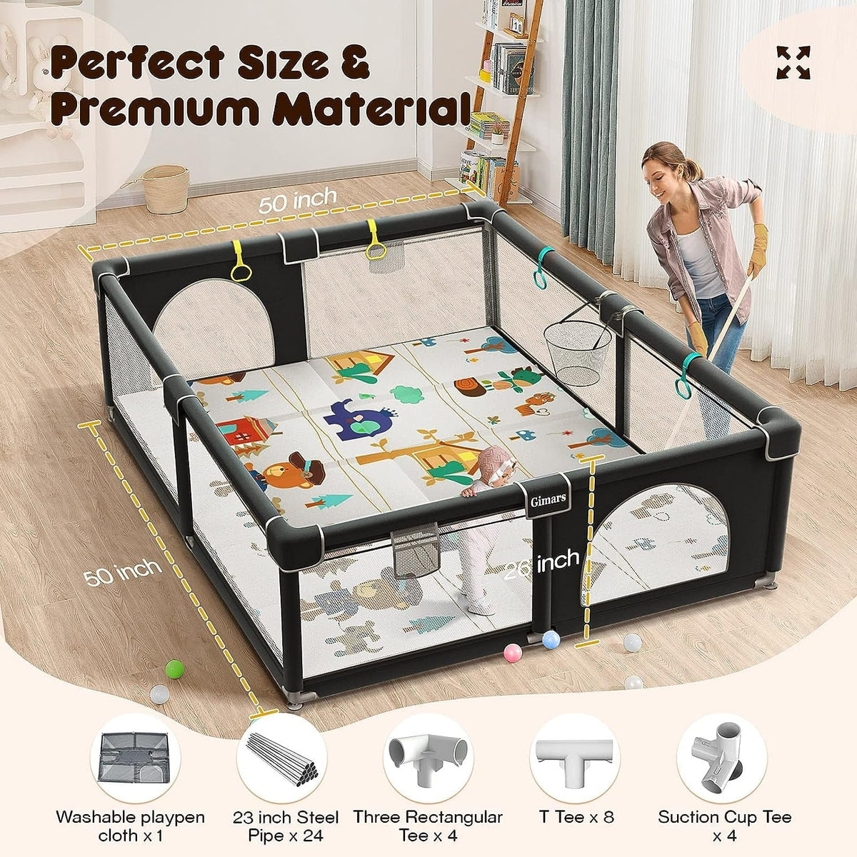 Upgraded 320D Washable Baby Playpen with Padding Mat, 6in1 Large Playpen for Toddlers, Sturdy & Safe Playpen with Padded Cotton Top Rod for Protecting Babies, Baby Play Yard with Zipper Gate