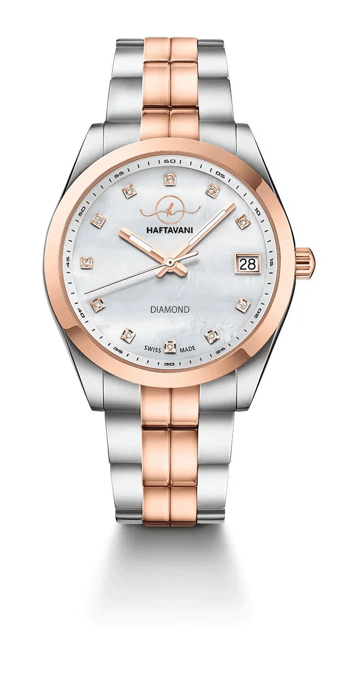 Haftavani – Diamond Queen Bicolour Silver-Rose Gold Stainless Steel Lady Watch -100M Liquid Quartz - Swiss Made - Marble Face With Genuine Diamonds