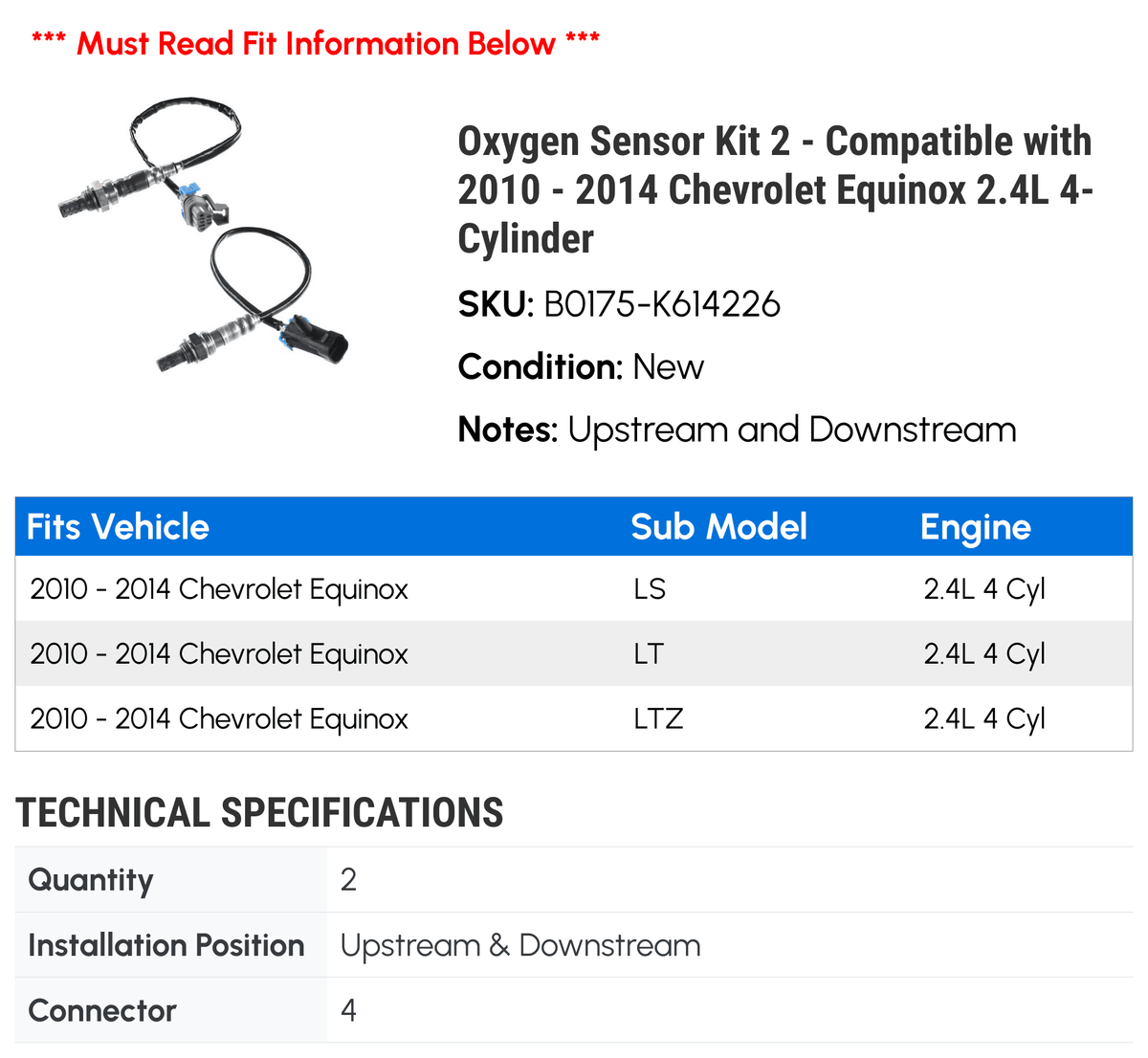 Oxygen Sensor Kit 2 - Compatible with 2010 - 2014 Chevy Equinox 2.4L 4-Cylinder 2011 2012 2013