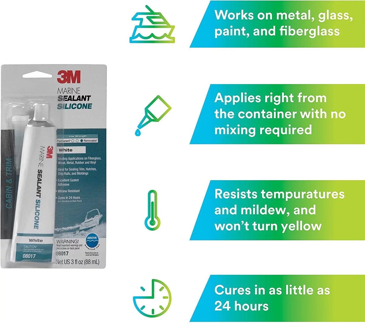 3M Marine Grade Silicone Sealant 08017 For Boats and RVs - White 3 Ounces