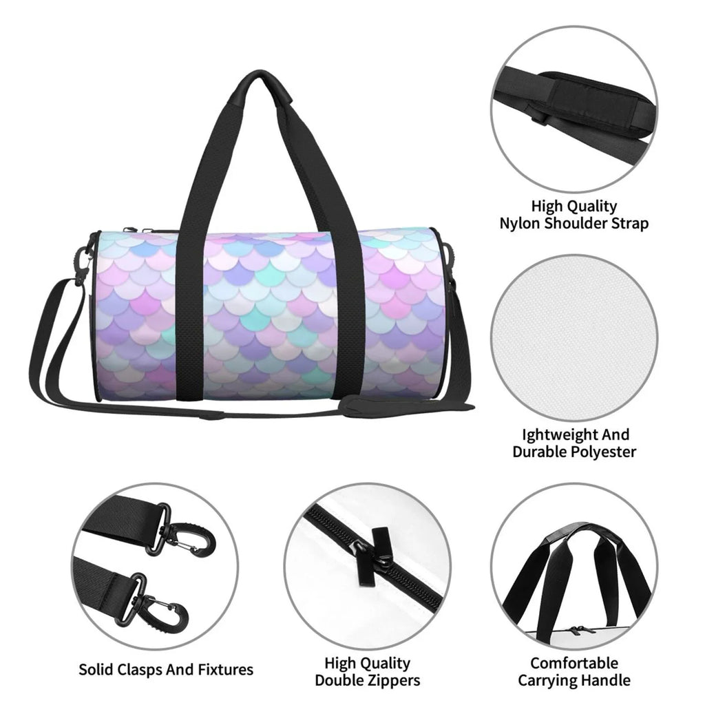 Coaee Rainbow Scales Large Capacity Travel Luggage Bag Cylinder Gym Bag Fluid Sports Bag with Pocket and Compartment