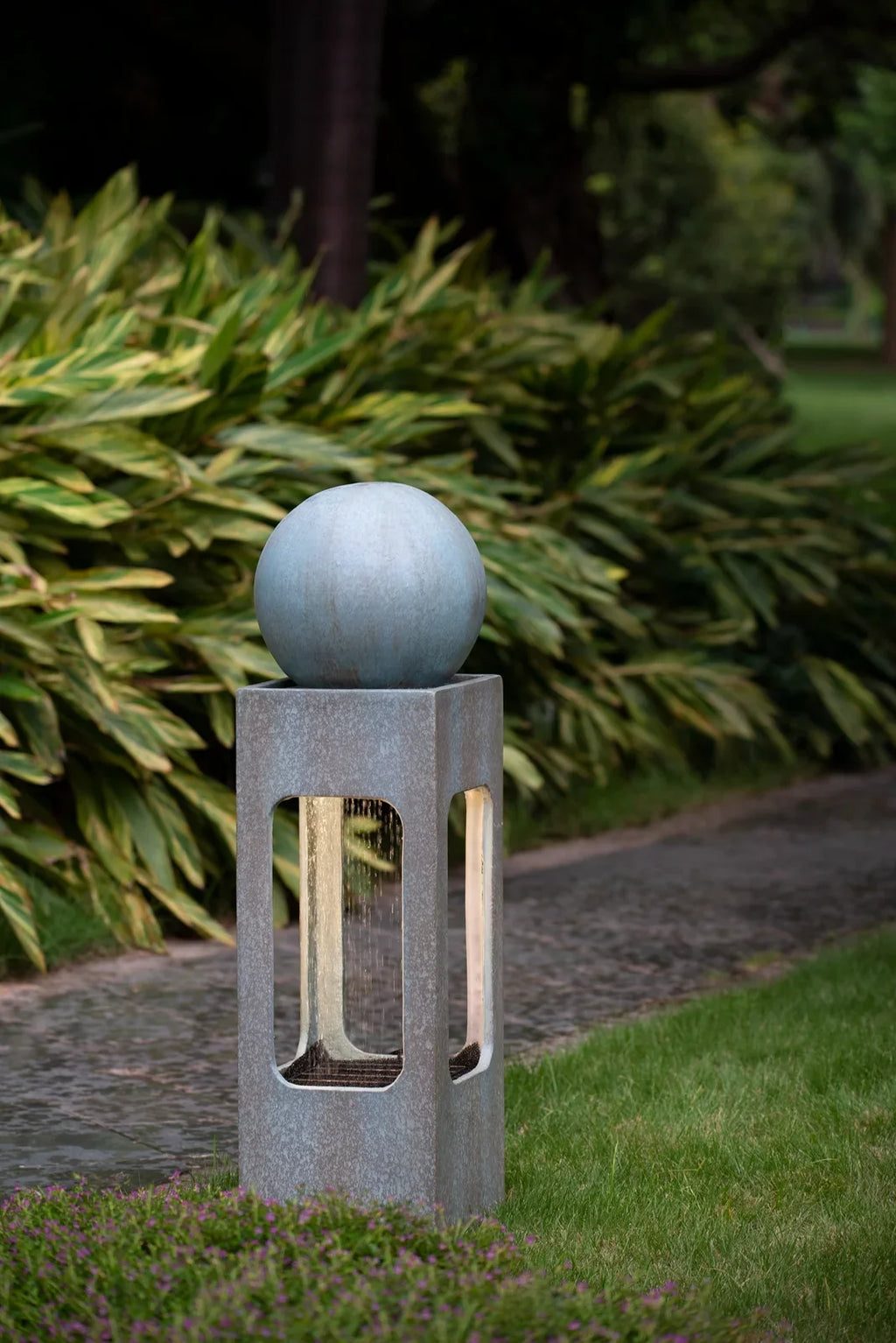 Homiyad 13X13X44" Tall Contemporary Sphere Outdoor Liquid Fountain, Cement/Concrete Outdoor Fountain, Antique Blue Raindrop Fluid Feature with Light for Garden, Lawn, Deck & Patio