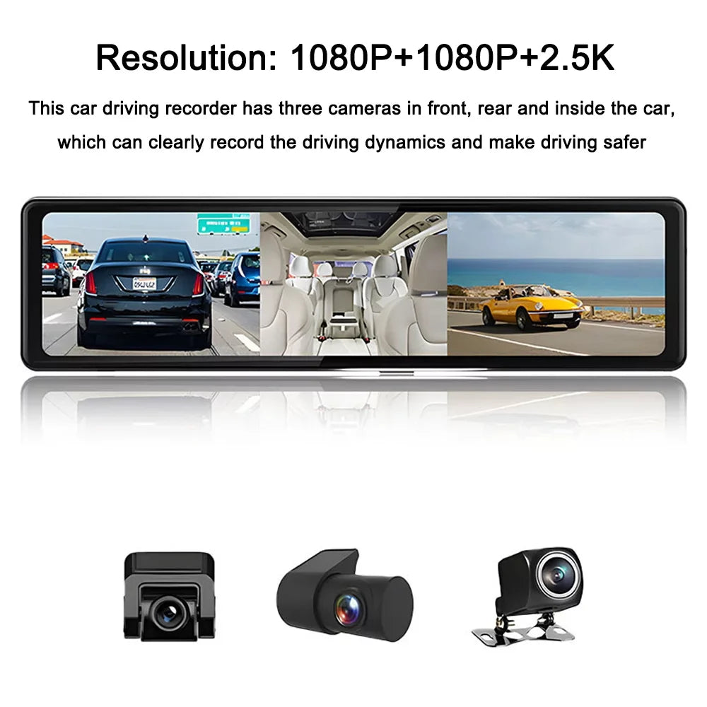 Pinnaco 3 Cameras Dash Cam 2.5K Clear Car Rearview Mirror BT Car Video Recording Camcorder Touched Monitor Car Camera Recorder Auto Driving Recorder for Enhanced Safety