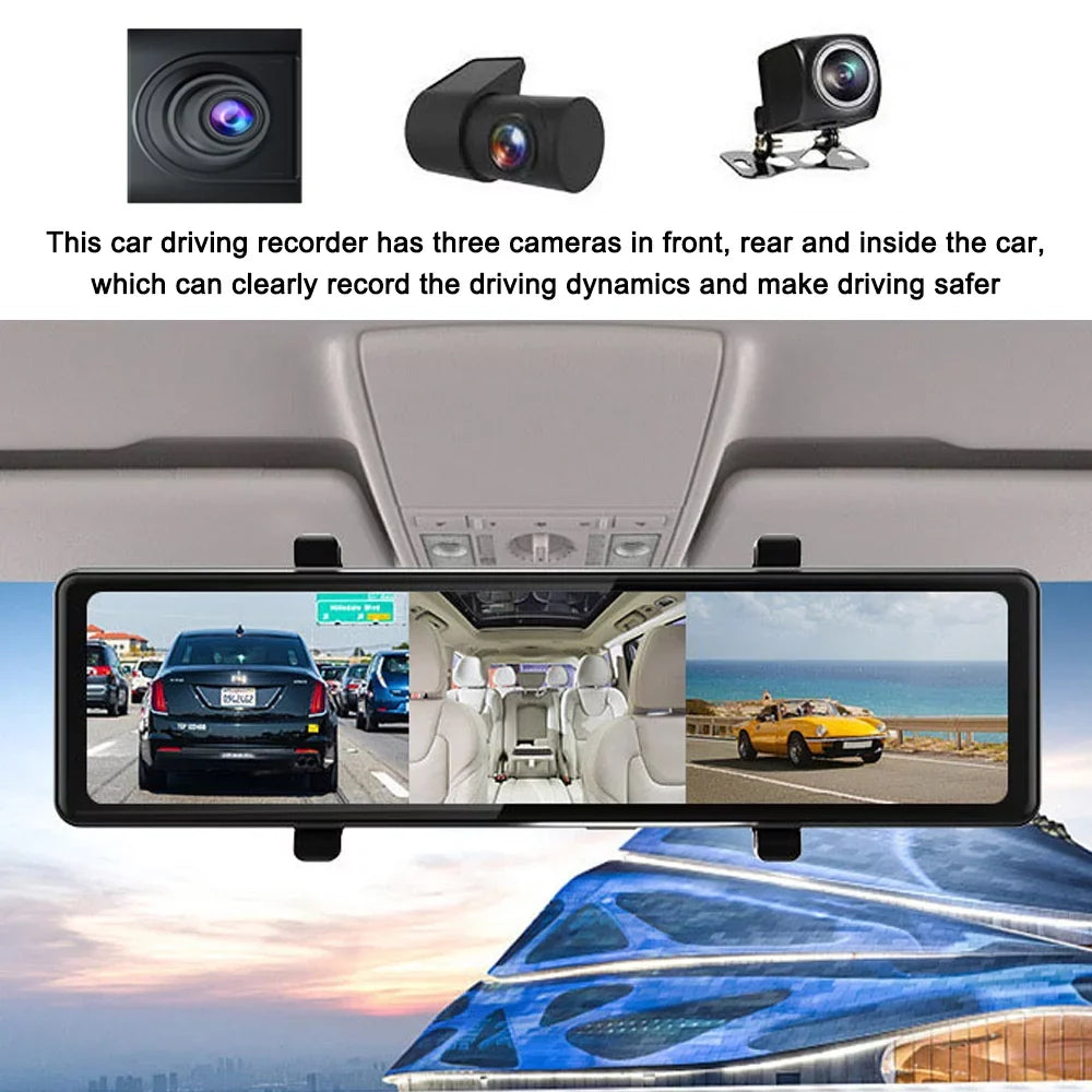 Pinnaco 3 Cameras Dash Cam 2.5K Clear Car Rearview Mirror BT Car Video Recording Camcorder Touched Monitor Car Camera Recorder Auto Driving Recorder for Enhanced Safety