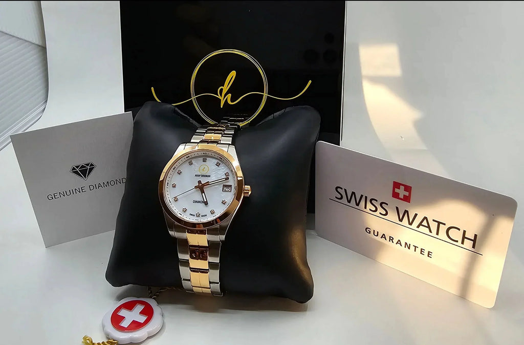 Haftavani – Diamond Queen Bicolour Silver-Rose Gold Stainless Steel Lady Watch -100M Liquid Quartz - Swiss Made - Marble Face With Genuine Diamonds