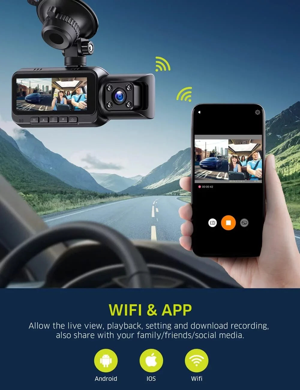 TOGUARD 4K Dual Dash Cam GPS WiFi Car Camera, 2160P+1080P Dashcam Front and Inside IR Night Vision, 3.16” IPS Monitor Night Vision, 170°Wide Angle, WDR, 24H Parking Mode