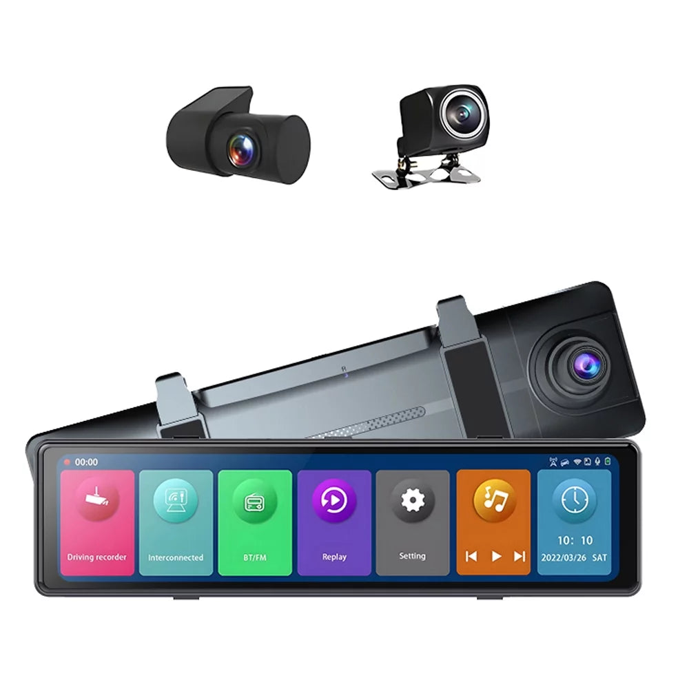 Pinnaco 3 Cameras Dash Cam 2.5K Clear Car Rearview Mirror BT Car Video Recording Camcorder Touched Monitor Car Camera Recorder Auto Driving Recorder for Enhanced Safety