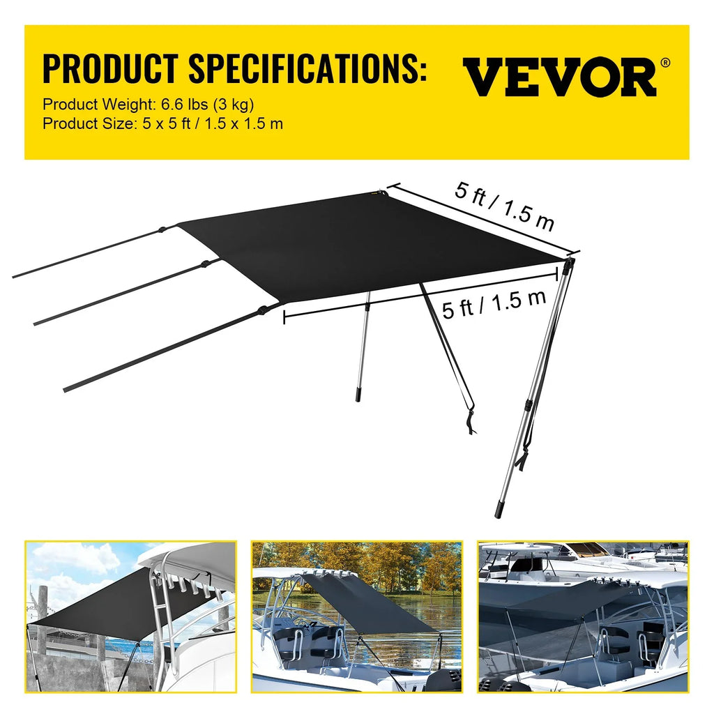 VEVOR 5'x5' UV-Proof T-Top Sun Shade Kit - 600D Polyester with Rustproof Telescopic Steel Poles, Fluid Easy Assembly for T-Tops & Bimini Tops