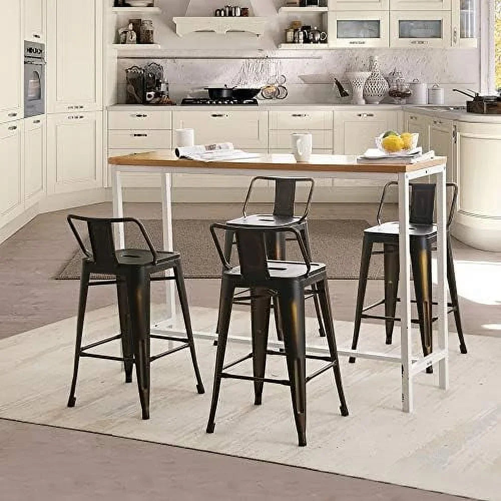 SPBOOMlife Metal Stools Set of 4 Barstools Counter Height Stools with Back Industrial Stools Indoor Outdoor Kitchen Dining Chairs Modern Chairs Distressed Navy Blue 24inch Stools