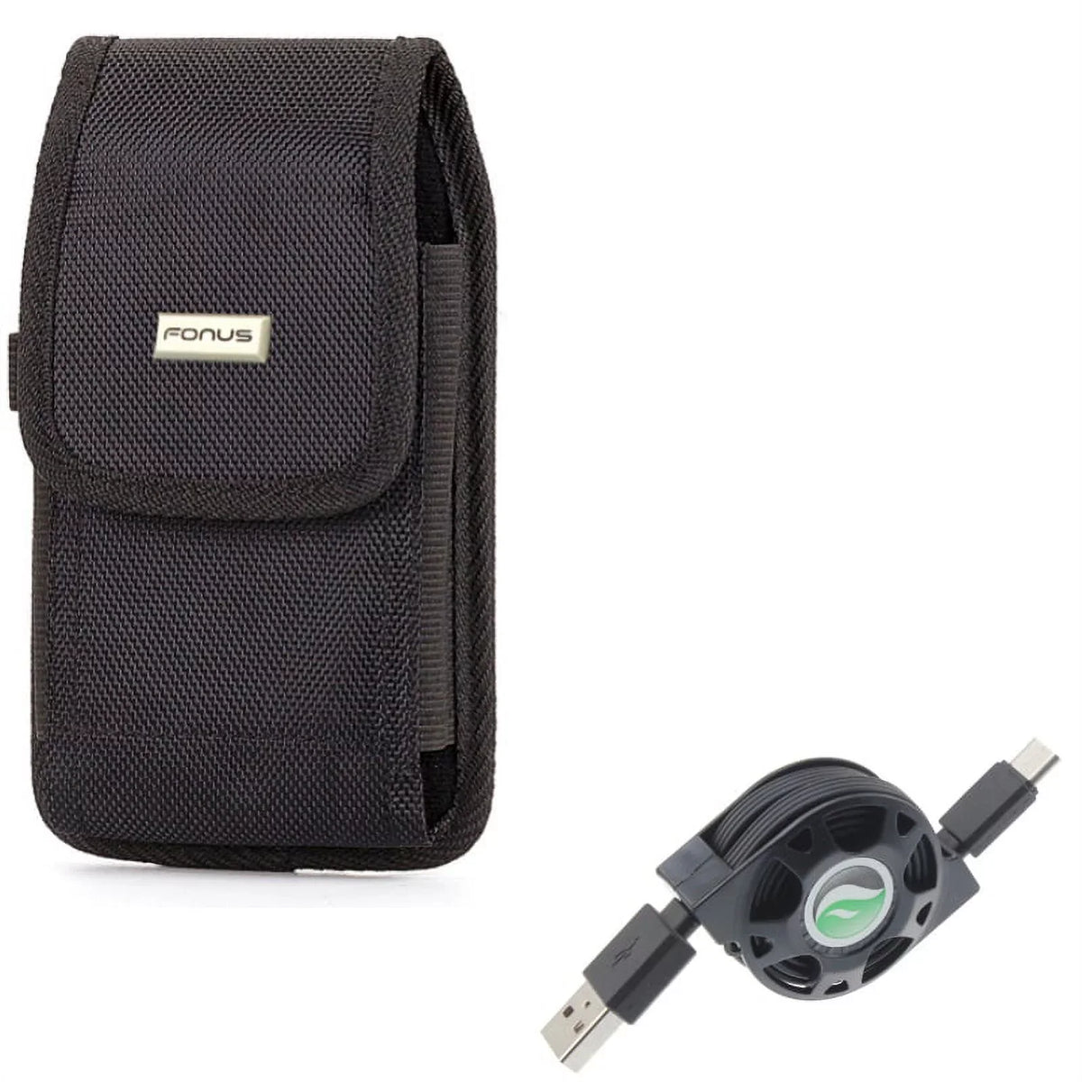 Rugged Tough Canvas Case Holster Metal Belt Clip w Black Type-C Retractable USB Cable Charger Power Wire Sync Y1G for ZTE Axon 9 Pro