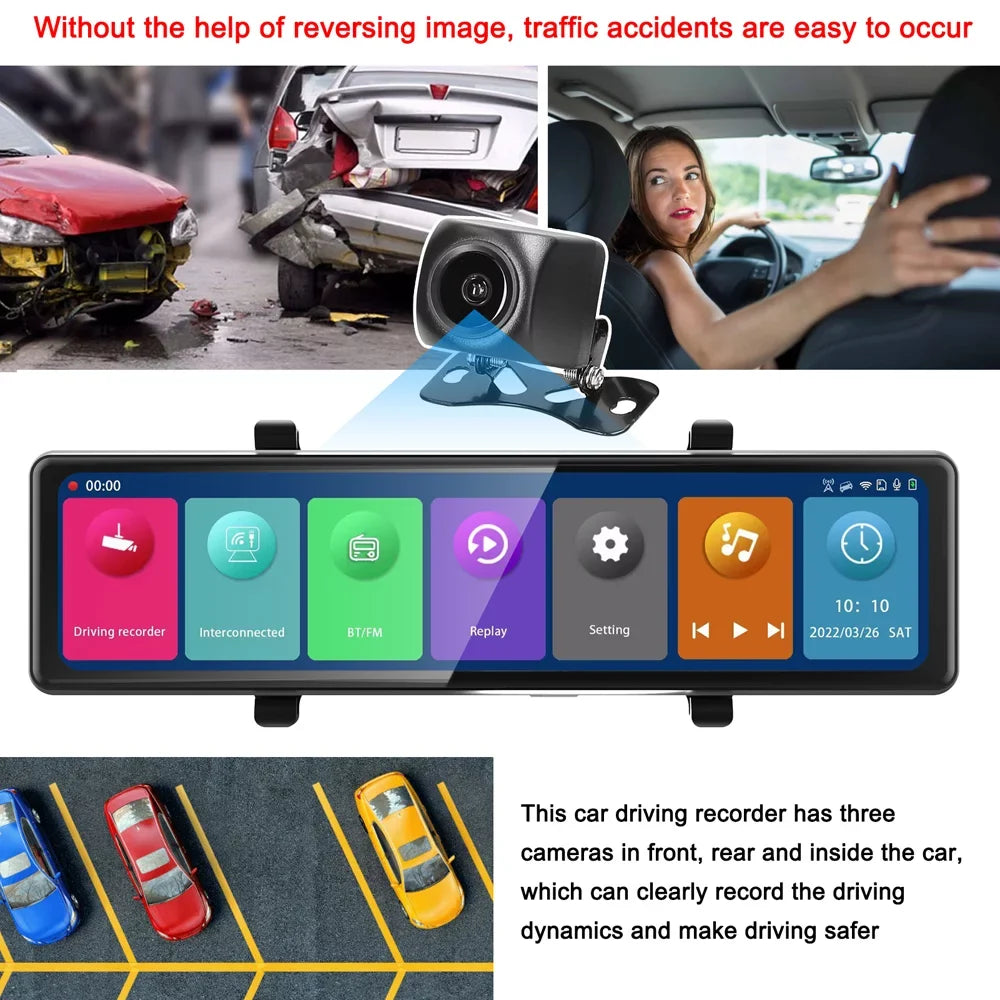 Pinnaco 3 Cameras Dash Cam 2.5K Clear Car Rearview Mirror BT Car Video Recording Camcorder Touched Monitor Car Camera Recorder Auto Driving Recorder for Enhanced Safety