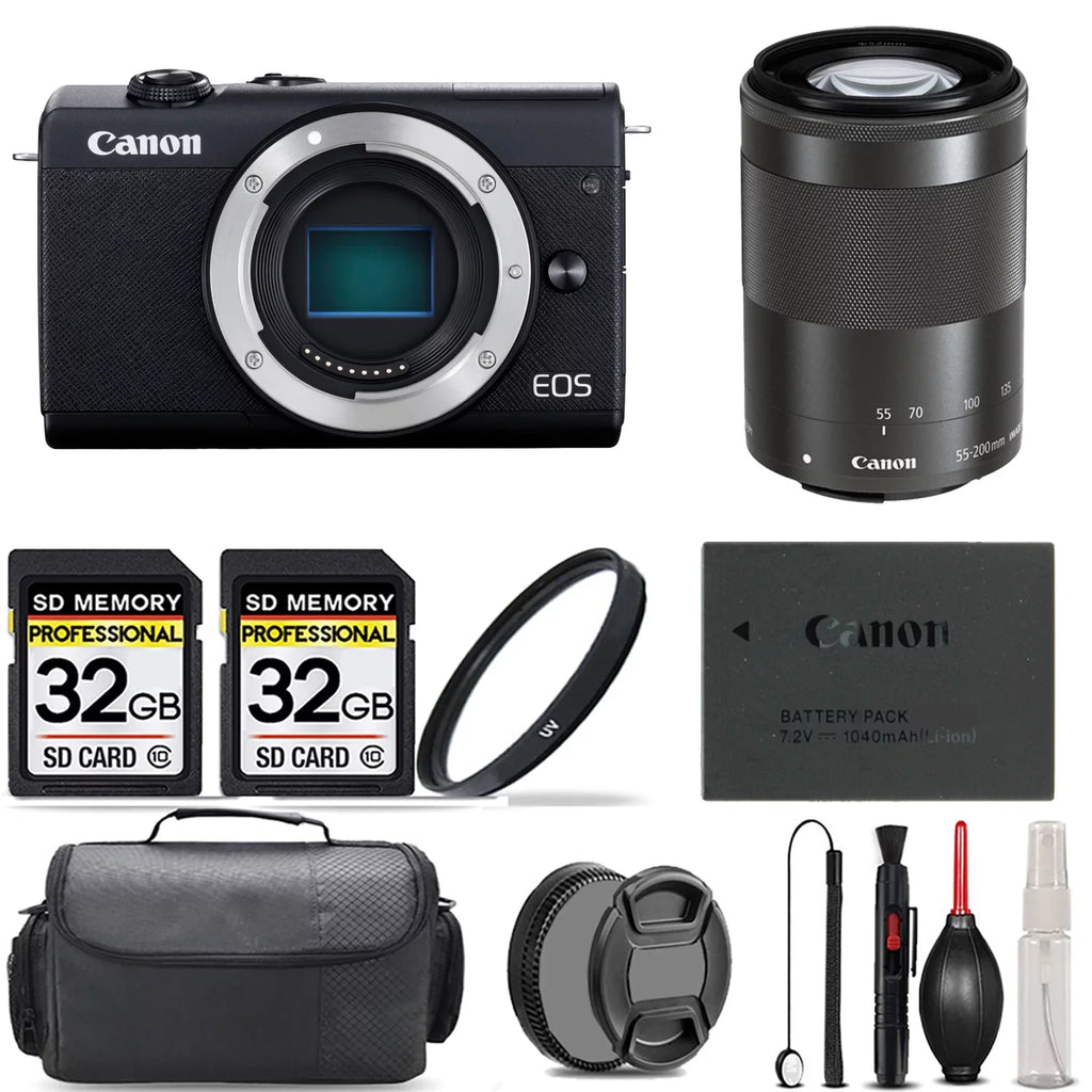 EOS M200 Mirrorless Camera (Black) + 55-200mm f/4.5-6.3 IS STM Lens (Black) +UV Filter + 64GB + Bag & More!
