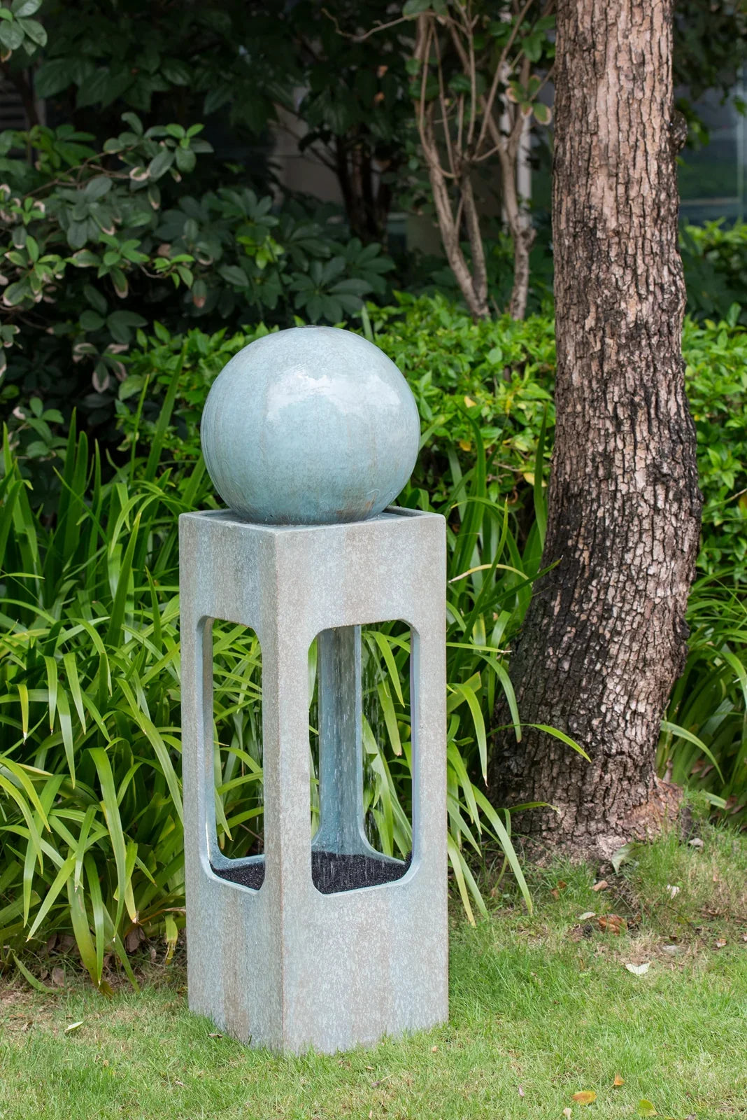 Homiyad 13X13X44" Tall Contemporary Sphere Outdoor Liquid Fountain, Cement/Concrete Outdoor Fountain, Antique Blue Raindrop Fluid Feature with Light for Garden, Lawn, Deck & Patio