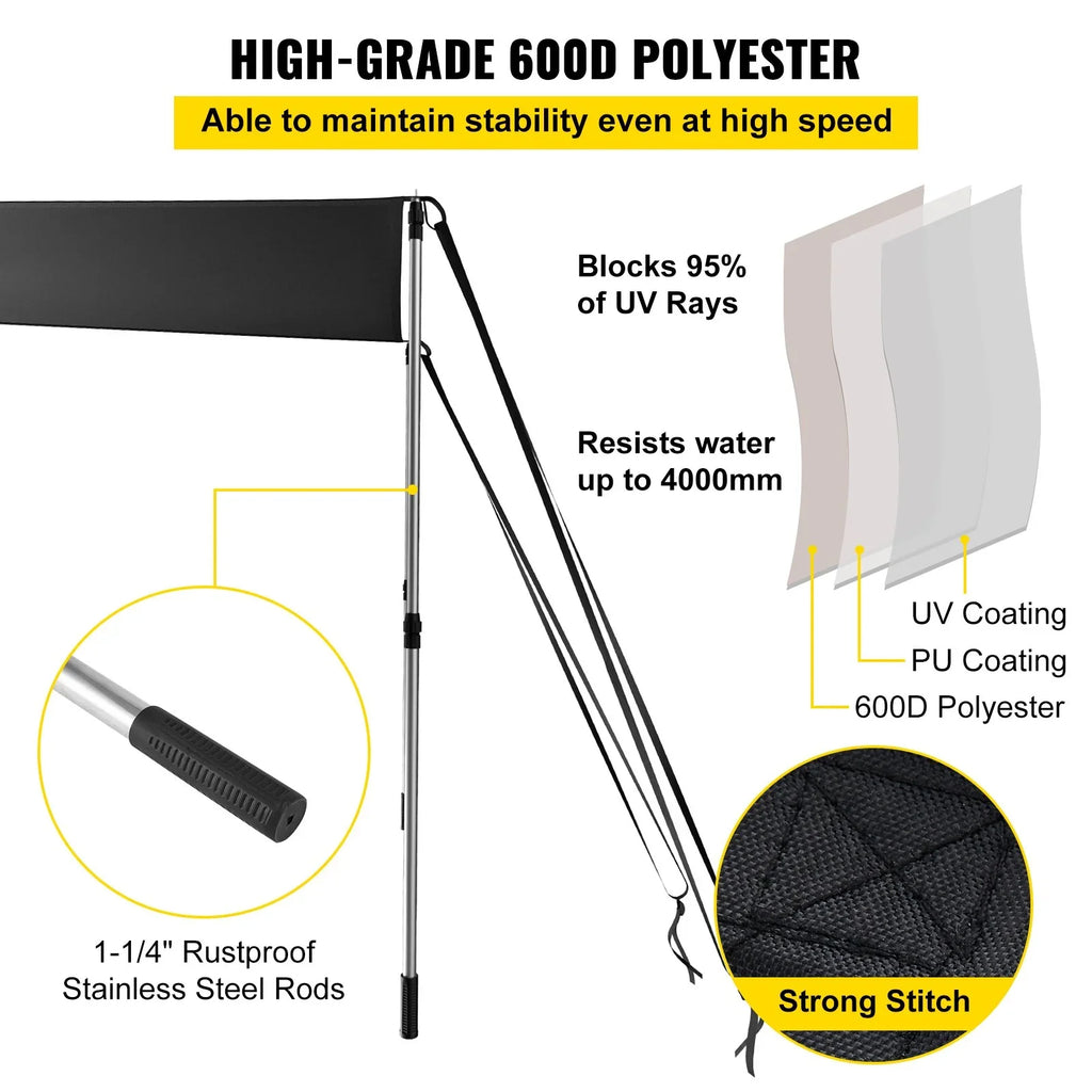 VEVOR 5'x5' UV-Proof T-Top Sun Shade Kit - 600D Polyester with Rustproof Telescopic Steel Poles, Fluid Easy Assembly for T-Tops & Bimini Tops