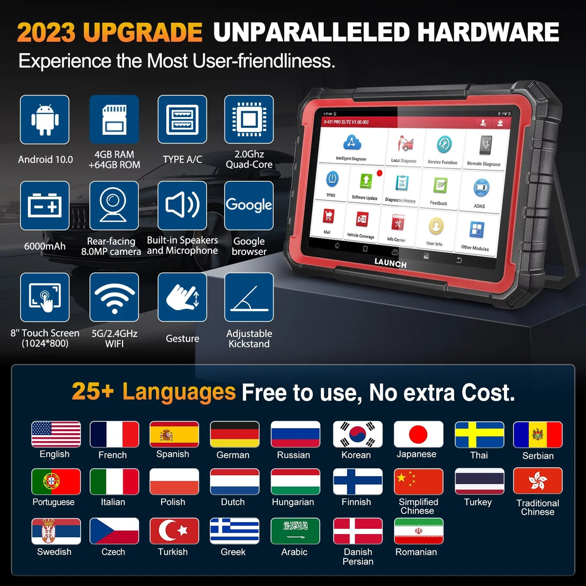 LAUNCH X431 PRO ELITE Automotive Diagnostic Scan Tool, All Systems Bi-Directional Auto Car Scanner with 32+ Services, ECU Coding, CANFD DOIP, FCA Autoauth, 2 Years Free Update