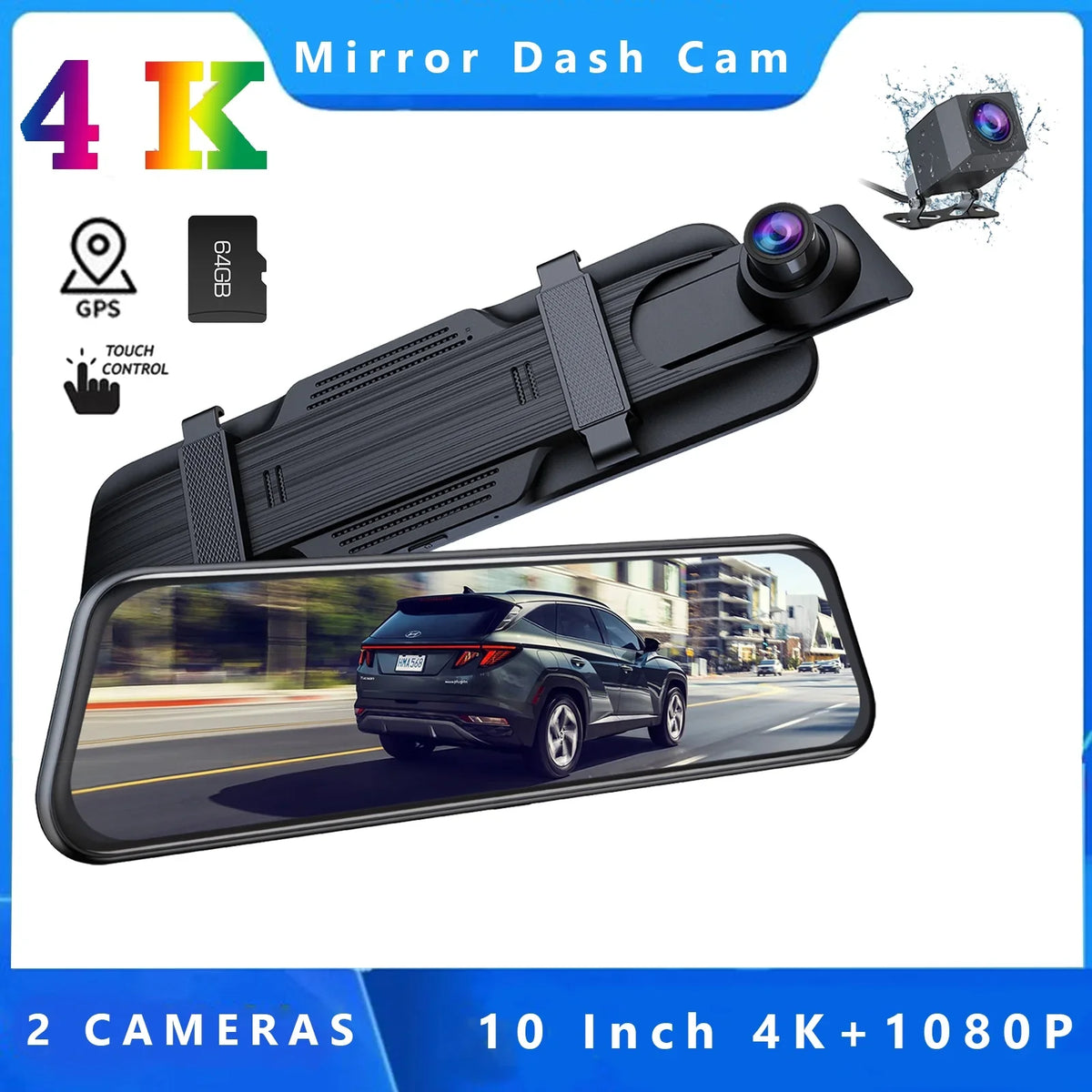 TOGUARD Backup Camera Rear View Mirror Camera, 10" Touch Monitor 4K+1080P Front and Rear Dash Cam, with 64GB Memory Card, Parking Assist, Parking Monitoring, GPS