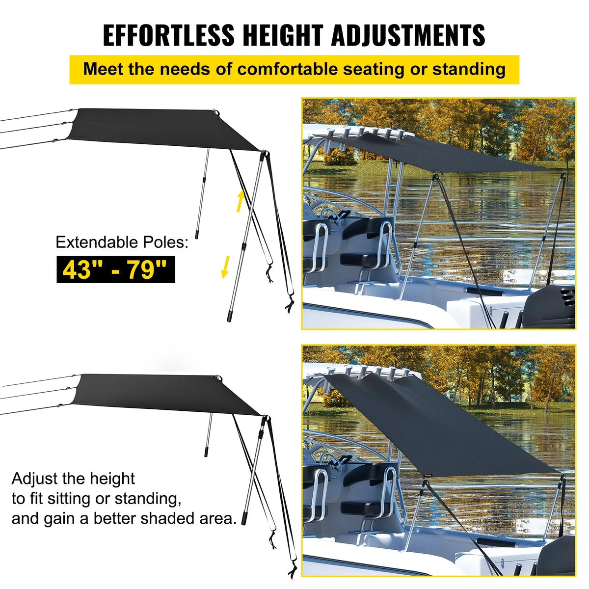 VEVOR 5'x5' UV-Proof T-Top Sun Shade Kit - 600D Polyester with Rustproof Telescopic Steel Poles, Fluid Easy Assembly for T-Tops & Bimini Tops