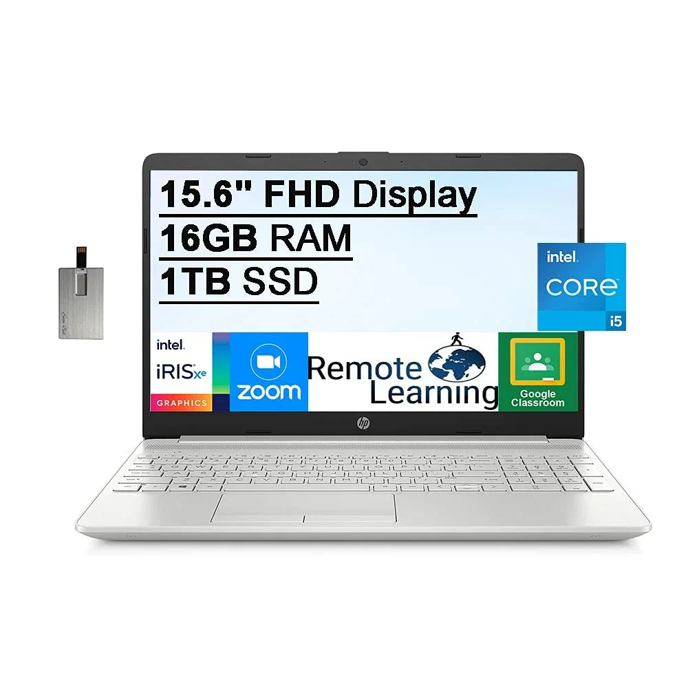 2021 15.6" FHD Notebook Computer, 11th Gen Core i5-1135G7(Beats i7-1065g7), 16GB DDR4 RAM, 1TB PCIe SSD, Iris Xe Graphics, HD Webcam, Stereo Speakers, Windows 10, Silver, 32GB USB Card
