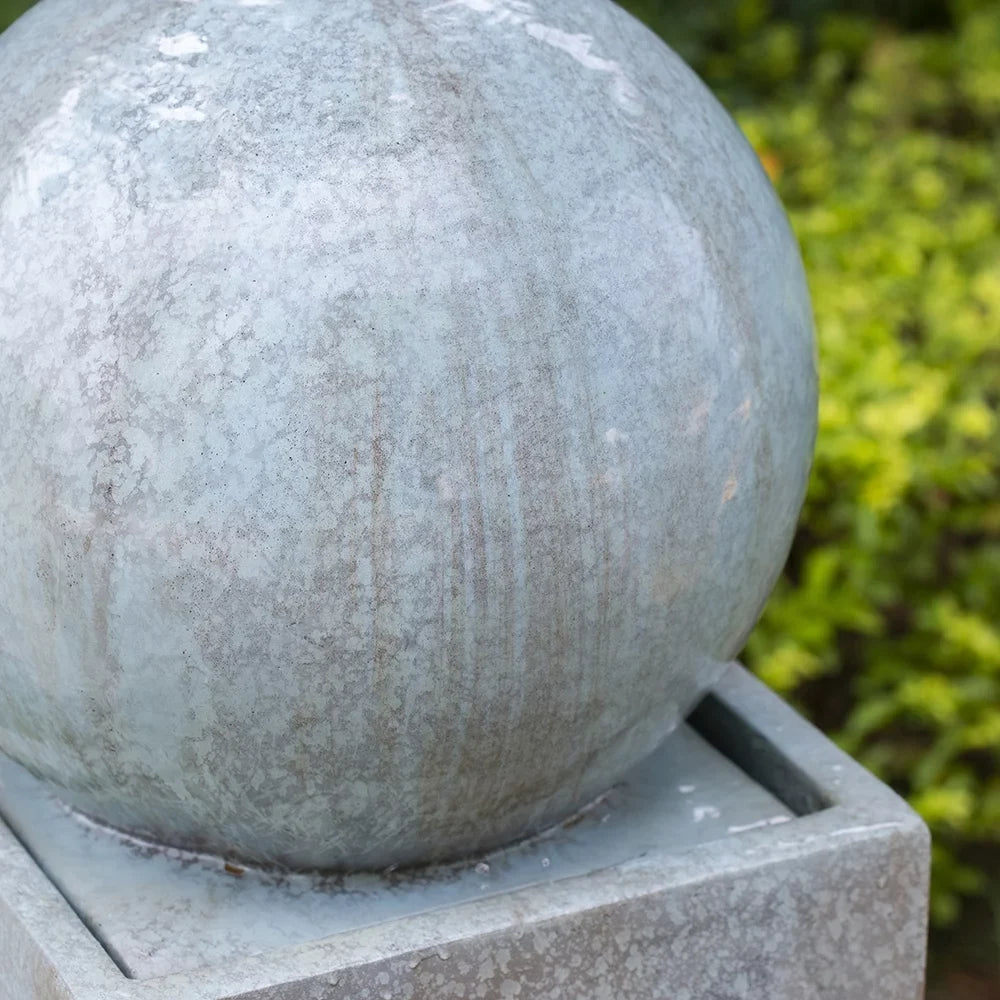 Homiyad 13X13X44" Tall Contemporary Sphere Outdoor Liquid Fountain, Cement/Concrete Outdoor Fountain, Antique Blue Raindrop Fluid Feature with Light for Garden, Lawn, Deck & Patio
