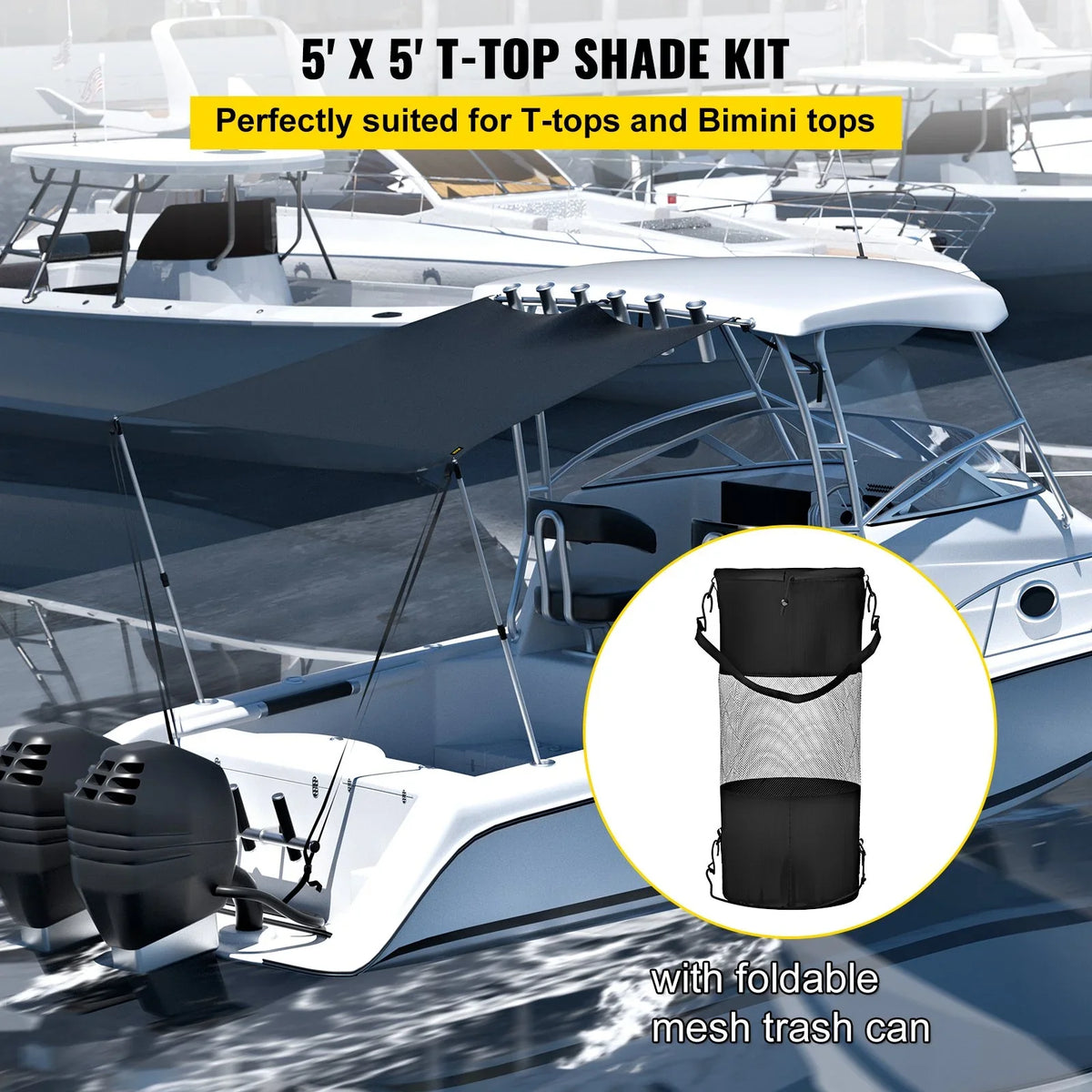 VEVOR 5'x5' UV-Proof T-Top Sun Shade Kit - 600D Polyester with Rustproof Telescopic Steel Poles, Fluid Easy Assembly for T-Tops & Bimini Tops