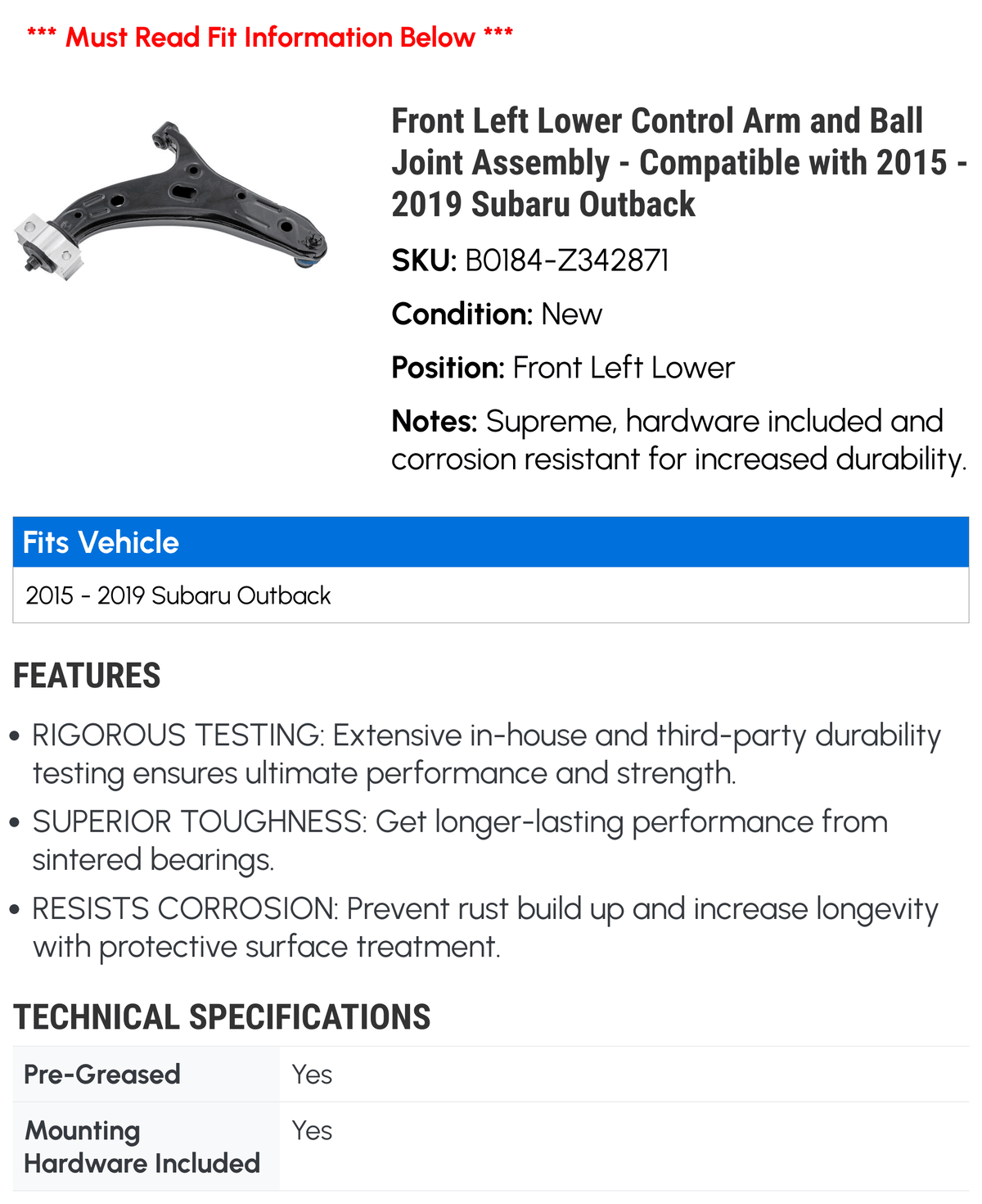 Front Left Lower Control Arm and Ball Joint Assembly - Compatible with 2015 - 2019 Subaru Outback 2016 2017 2018